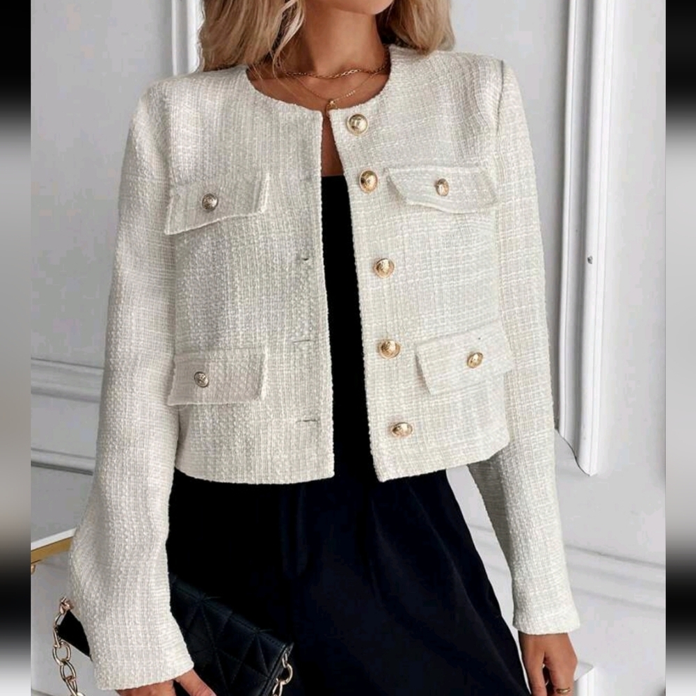 Clasi Women's Solid Color Simple Daily Wear Tweed Jacket - Picture 2 of 4